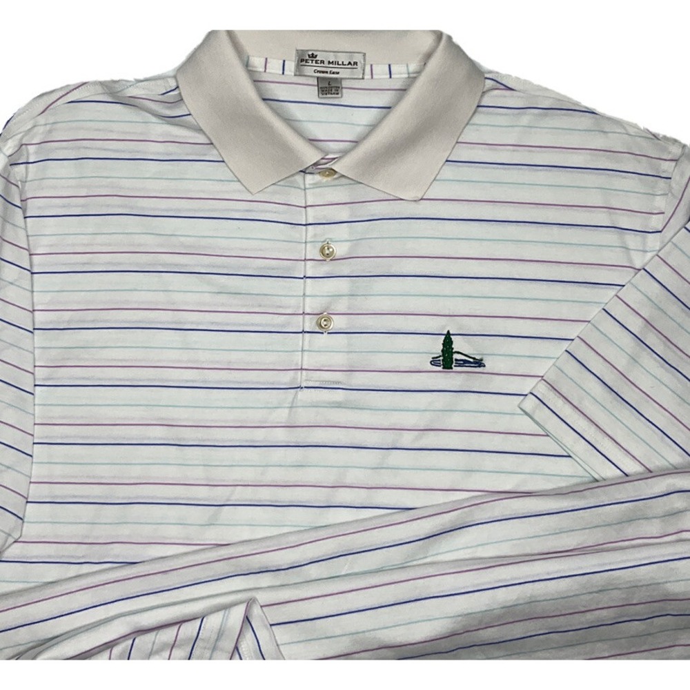 Peter Millar Polo Shirt Golf Mountain Lake Club Crown Ease Striped Embroidered L